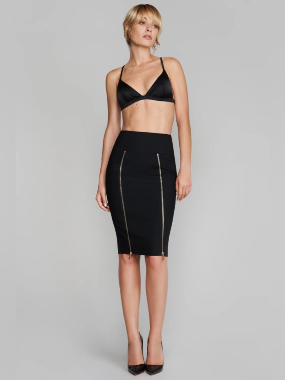 High-Waist Black Pencil Skirt with Front Zip Detail